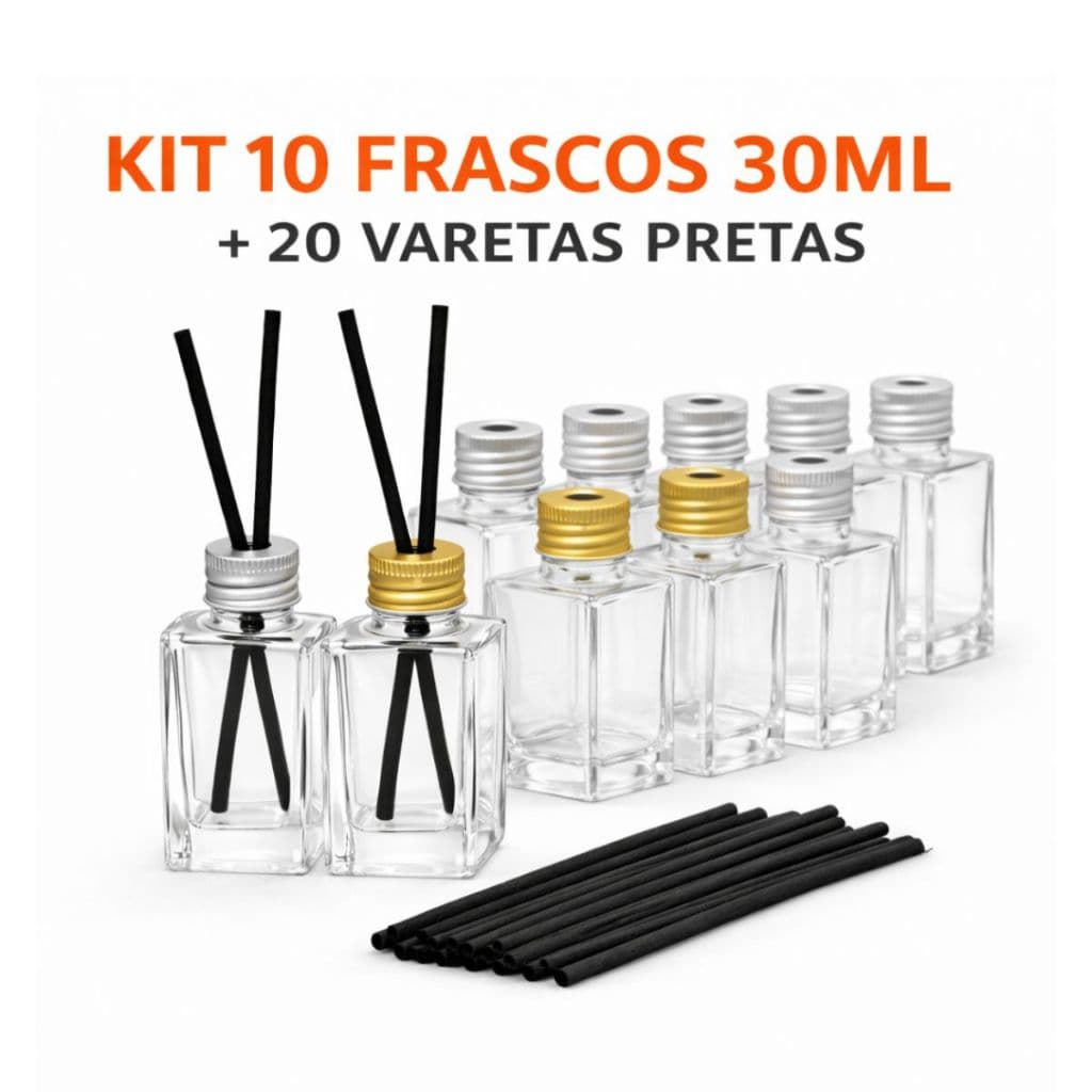 Kit 10 Frasco de Vidro para Aromatizador 30ml com Tampa de Alumínio e 20 Varetas - Lembrancinhas