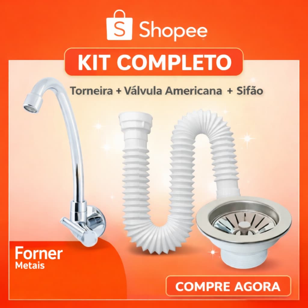 Kit Torneira Bica Móvel Cromada  com Válvula Americana Branca e Sifão Sanfonado em PVC Branco