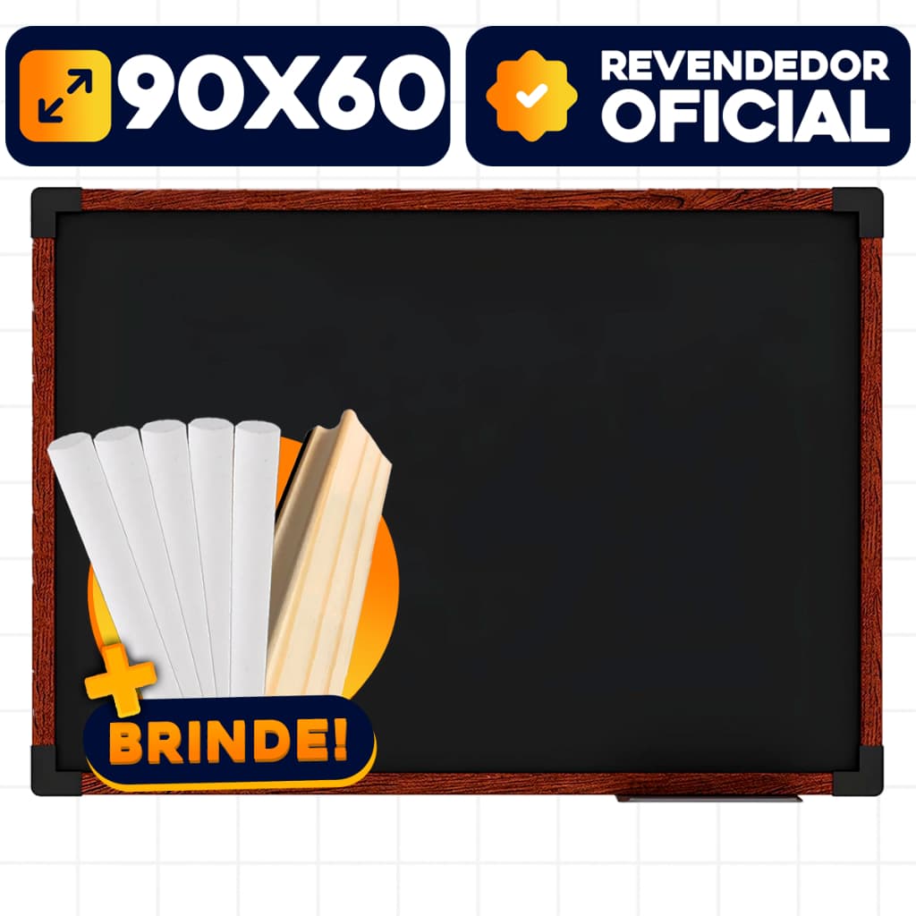 Lousa Preta 90X60cm Quadro Negro Escolar Liso Com Moldura De Madeira Mogno + Giz Branco E Apagador