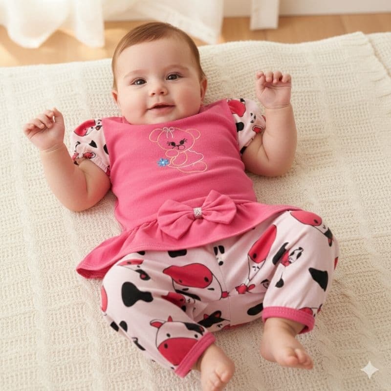 Conjunto Bebê Menina 0 a 6 Meses Algodão 100% Blusinha Rosa com Laço + Calça Estampada Confortável enxoval moda RN luxo