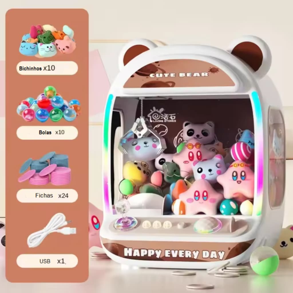 Mini Maquina de pegar bichinhos pelúcia com garra, som e luz brinquedos
