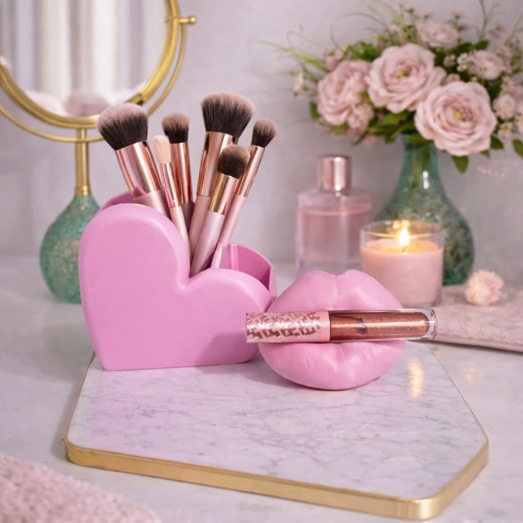 Porta Pincéis e Batons em Formato de Coração Decorativo para Maquiagem Organização e Estilo