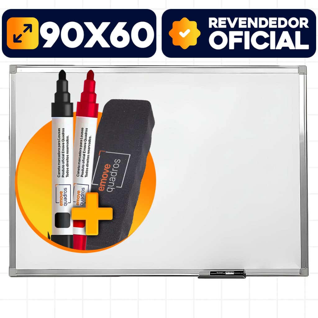 Quadro Branco Magnético 90x60cm Lousa Branca Magnética Moldura Alumínio Standart + 4 Canetas + Apagador