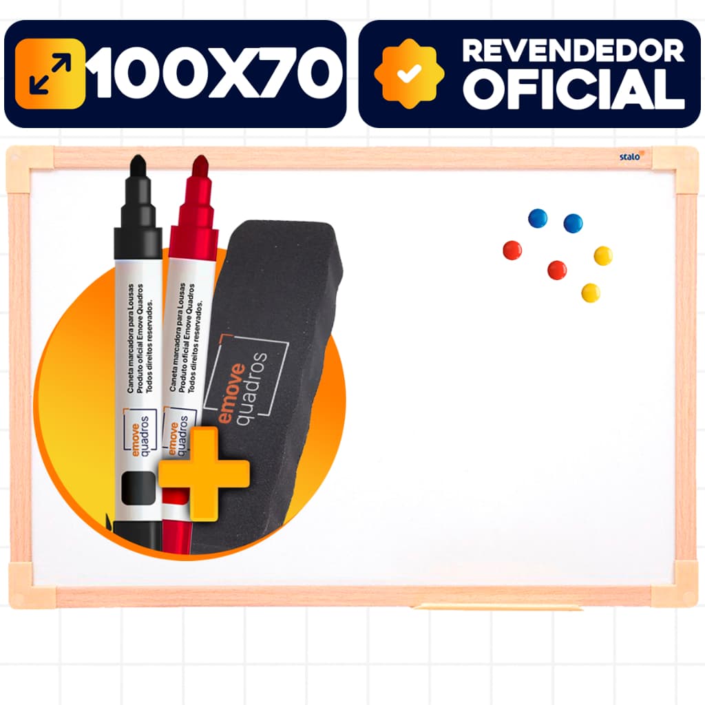 Lousa Branca Quadro Branco Magnético 100x70cm Moldura Madeira Carvalho Anotação + 2 Canetas Apagador