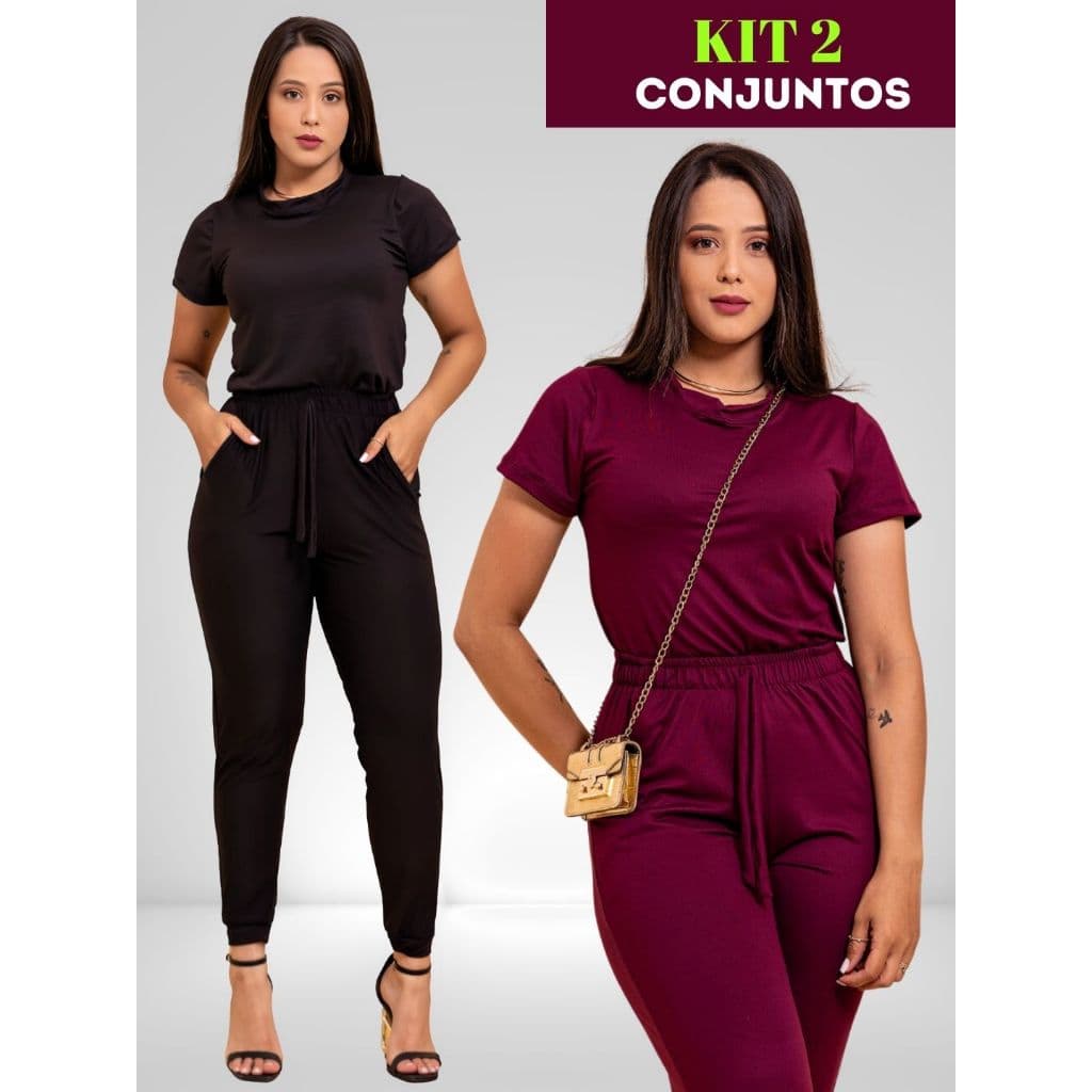 Kit 2 Conjunto Feminino Suede Calça Skinny Jogger e Blusa Feminina Manga Curta Moda Feminina Casual
