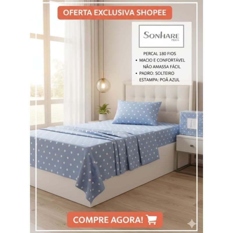 Jogo de Cama Percal 180 Fios
Solteiro (Poá Azul)