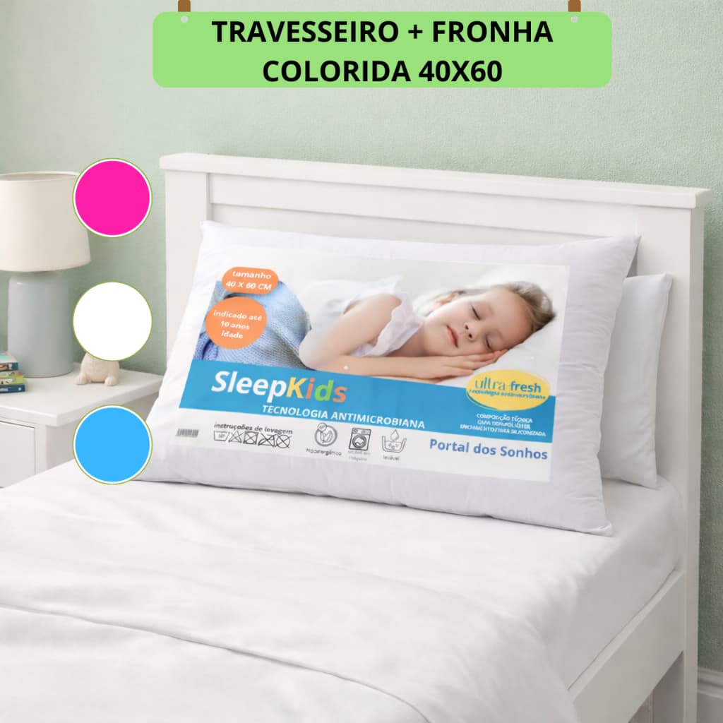 Travesseiro INFANTIL + Fronha 40X60 Antialérgico  Fibras Selecionadas P/ Sono Tranquilo Das Crianças