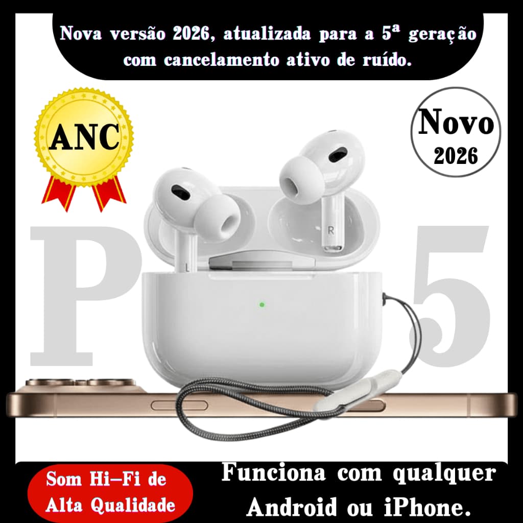 Fone Bluetooth Pro5 2026 ANC Áudio Espacial Bateria Tripla Compatível com celulares iPhone Android