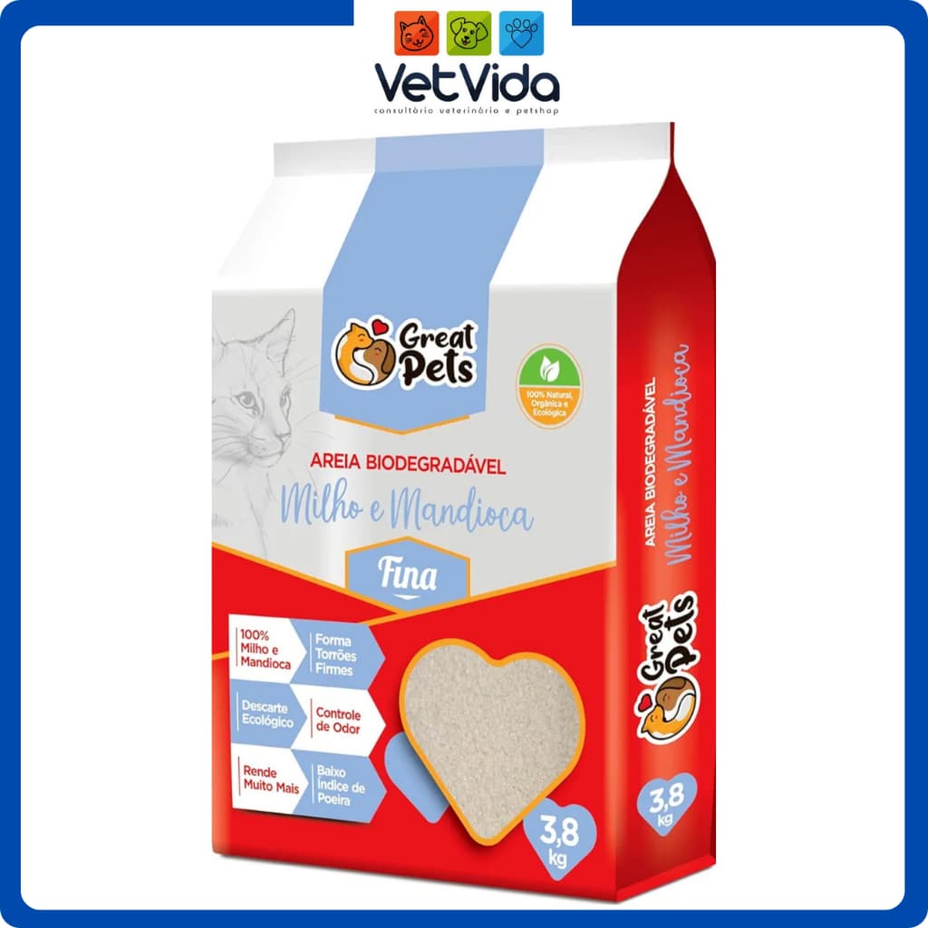 AREIA HIGIÊNICA BIODEGRADÁVEL GREAT PETS  MILHO / MANDIOCA - FINA 3,8KG