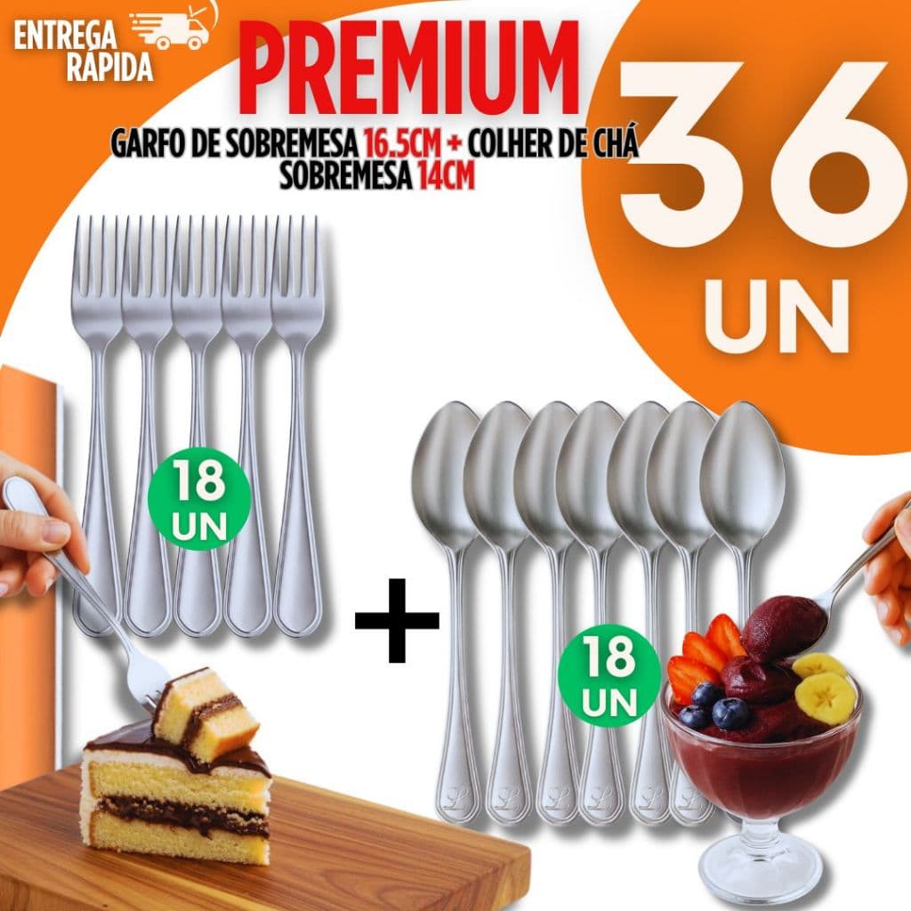 36 Pcs -18 Colheres + 18 Garfo Sobremesa 100% Inox Ideal Para Festas Cozinha Restaurantes e Buffet