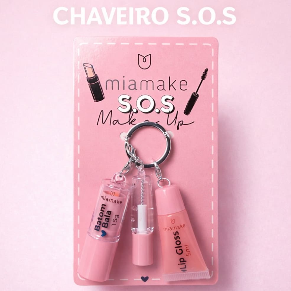 Kit Chaveiro S.O.S Maquiagem com Batom, Lip Gloss e fixador de Sobrancelhas – Miamake