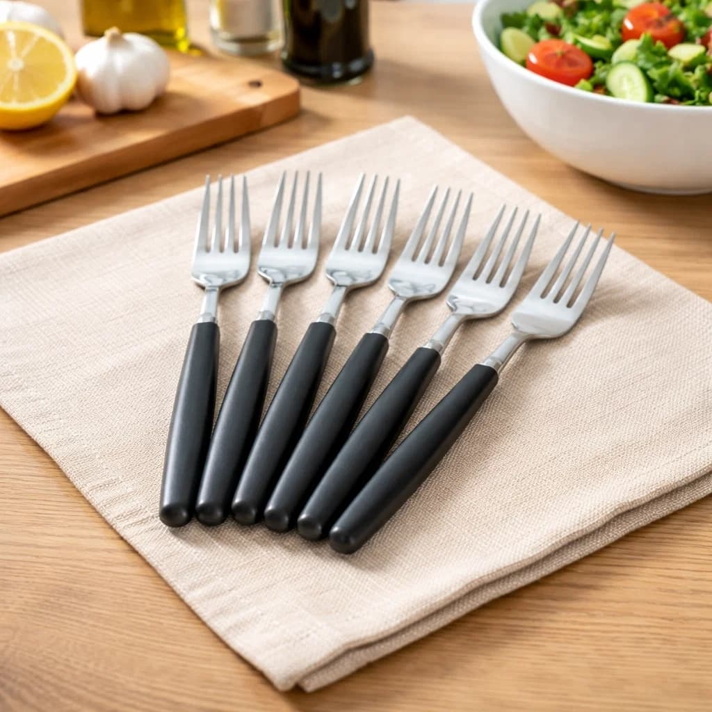 Kit 6 Garfos Preto Talheres Refeição Servir Almoço Jantar Macarrão Presente Comida Casa