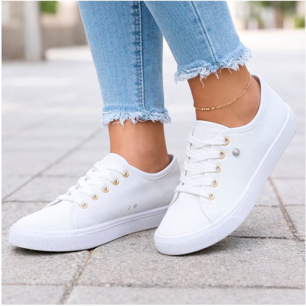 Tênis Feminino Casual Moda Confortável Branco e Preto com Detalhe Dourado