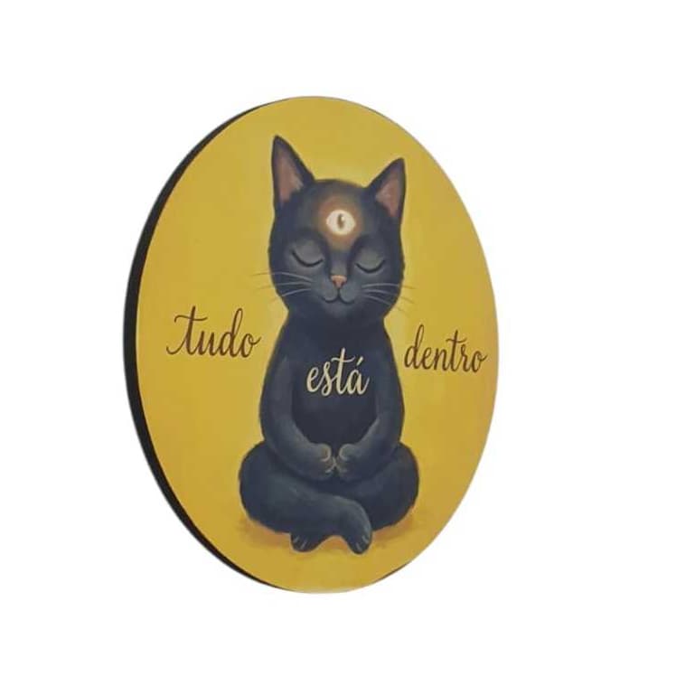 Placa Decorativa Gato Preto Meditando -Tudo Esta Dentro