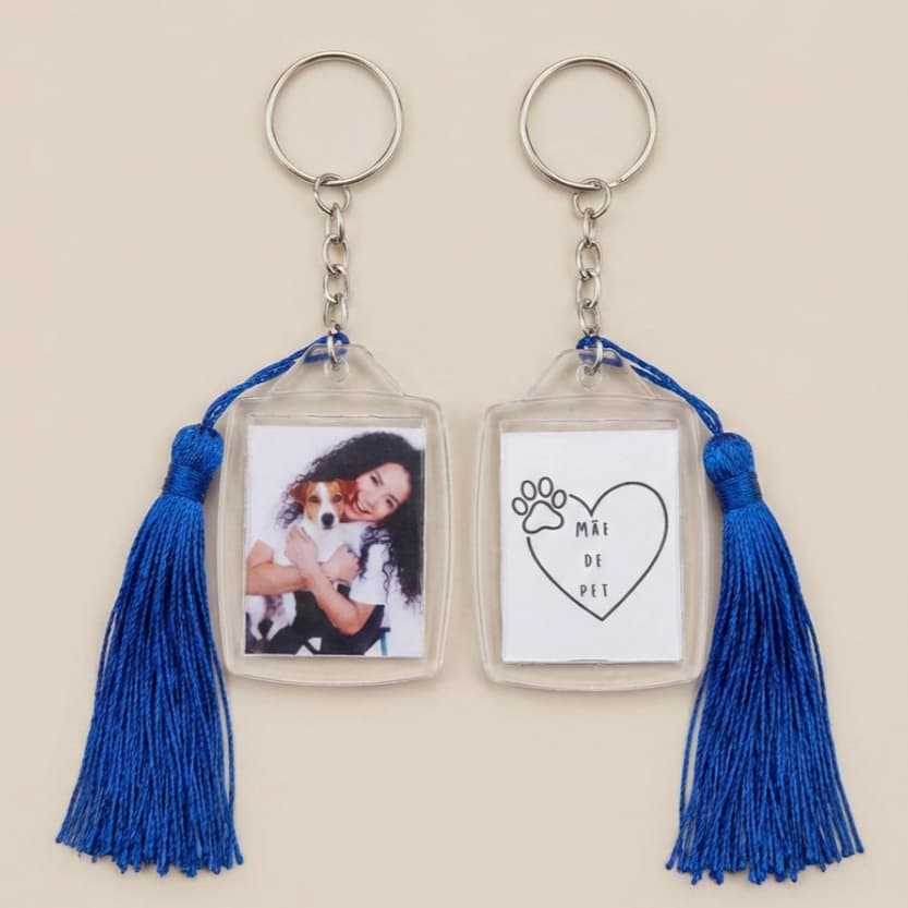 Chaveiro Relicário Acrilico 3x4 Personalizado ''Mãe de Pet'' com Foto e Tassel Premium