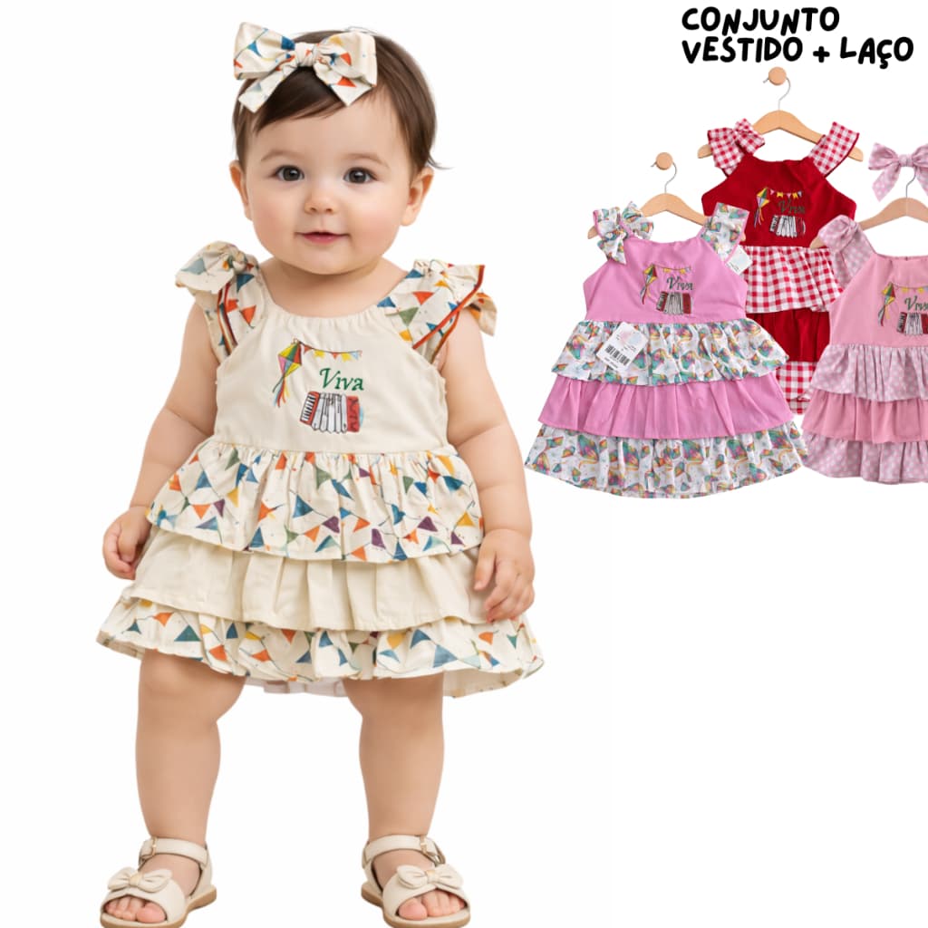 Conjunto Vestido + Laço Tema Arraia Para Bebes Vestido Quadriculado Estampado Com Laço De Cabelo Kids