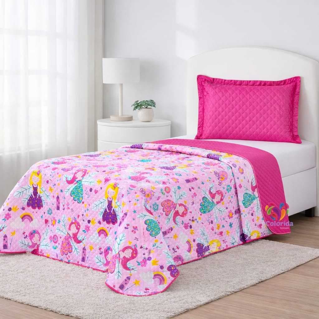 Kit Cobre Leito Solteiro 2 Peças Colcha Dupla Face Matelado Infantil Bouti Kids