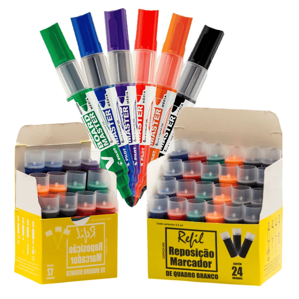 Kit Especial Para Quadro Branco 6 Pincéis Marcador Pilot Board Master com 36 Recargas CarinonMix