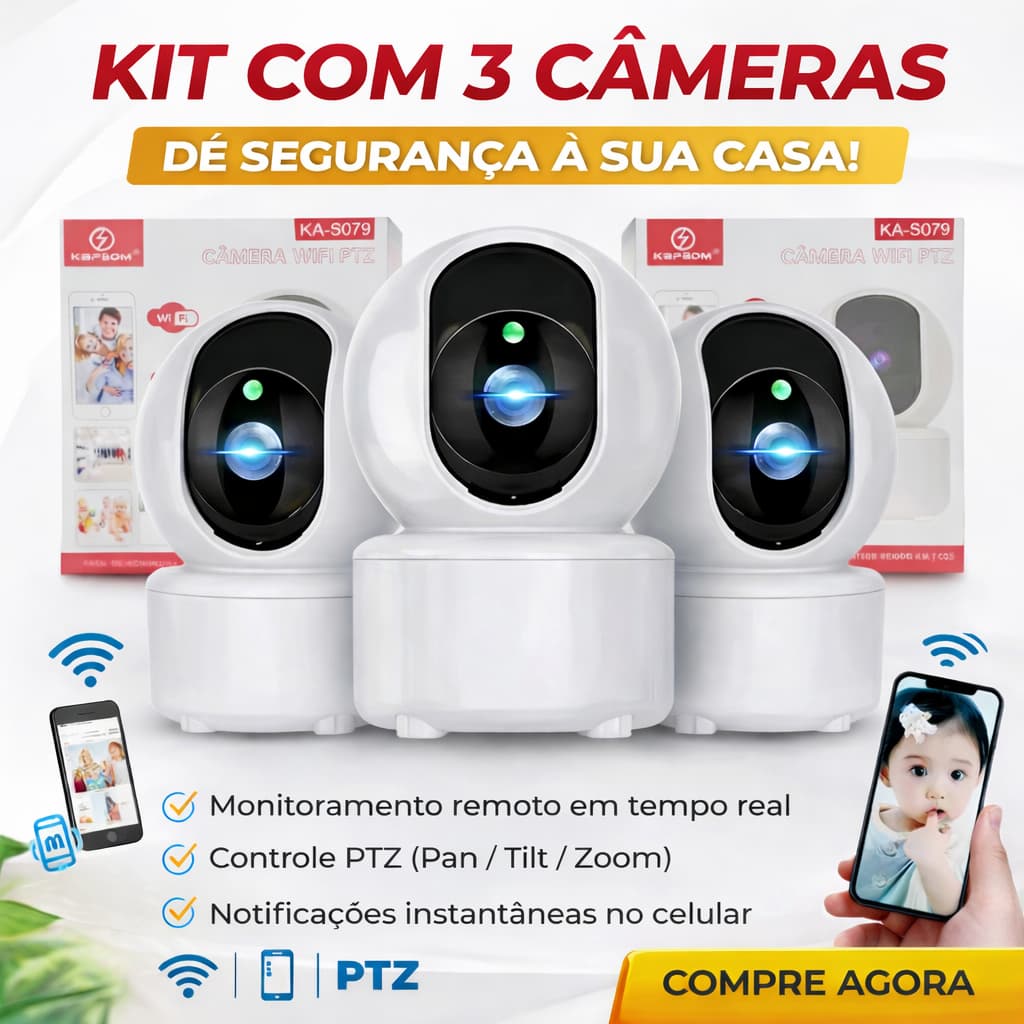 kit 3 Câmeras Segurança Babá Eletrônica Wi-fi 360° Kapbom KA-S079