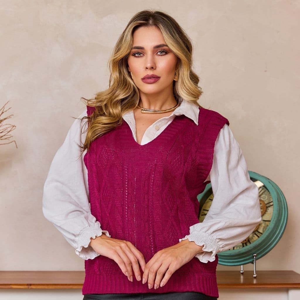 Colete Feminino Tricot Outono Inverno com Detalhes de Trança