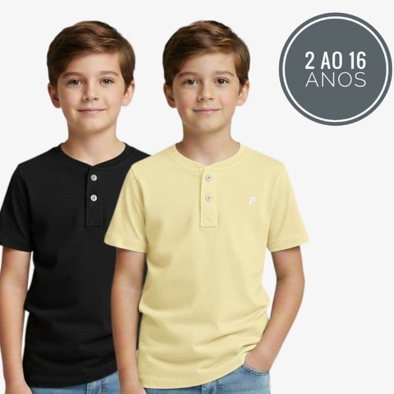 KIT 2 Camisas Gola Padre Infantil Menino - Camiseta Portuguesa Slim - Blusa 100% algodão urbano