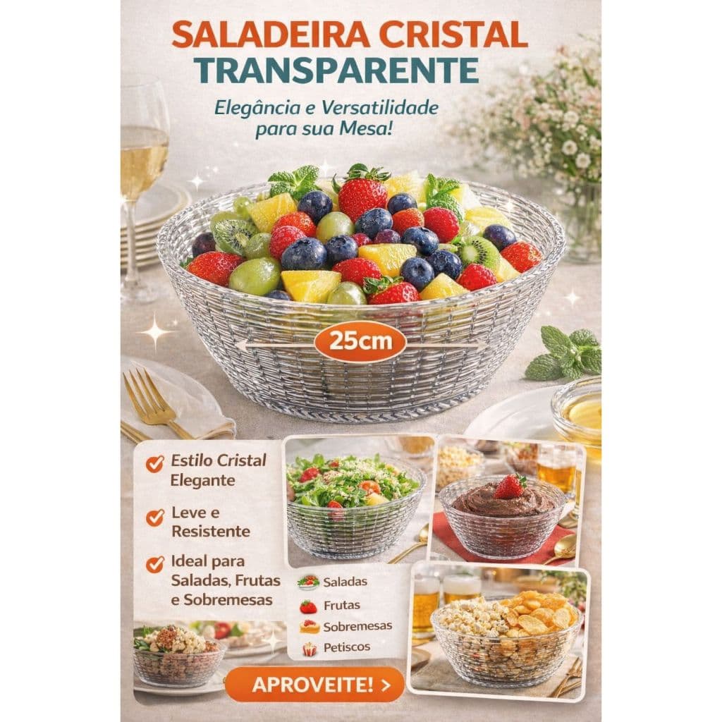 Saladeira de Cristal 25cm Transparente Tigela Grande para Salada Frutas Sobremesa Mesa Posta