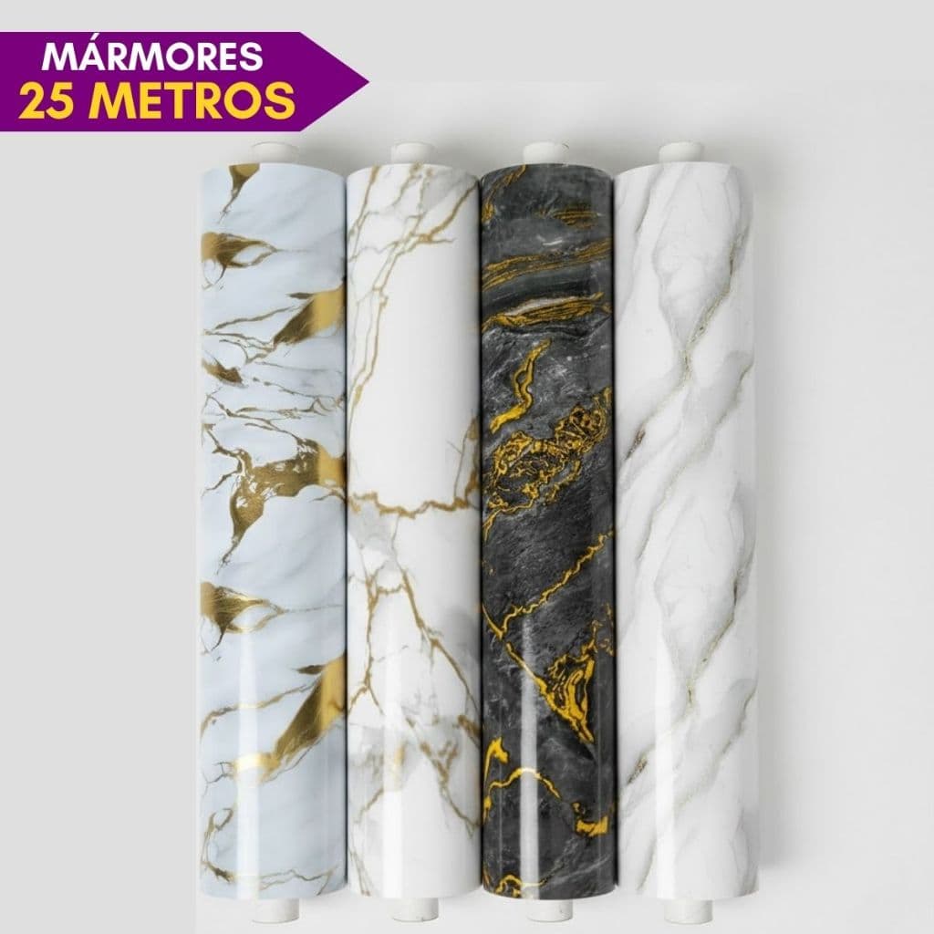 Kit 5 Rolos de Papel de Parede Autocolante Mármore Vinílico Brilhante 25 Metros Totais Impermeável
