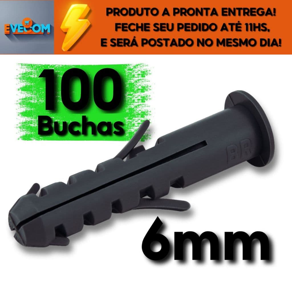 100 Peças Buchas 06mm de Fixação com Anel Para Concreto Parede Alvenaria Armarios Cantoneiras
