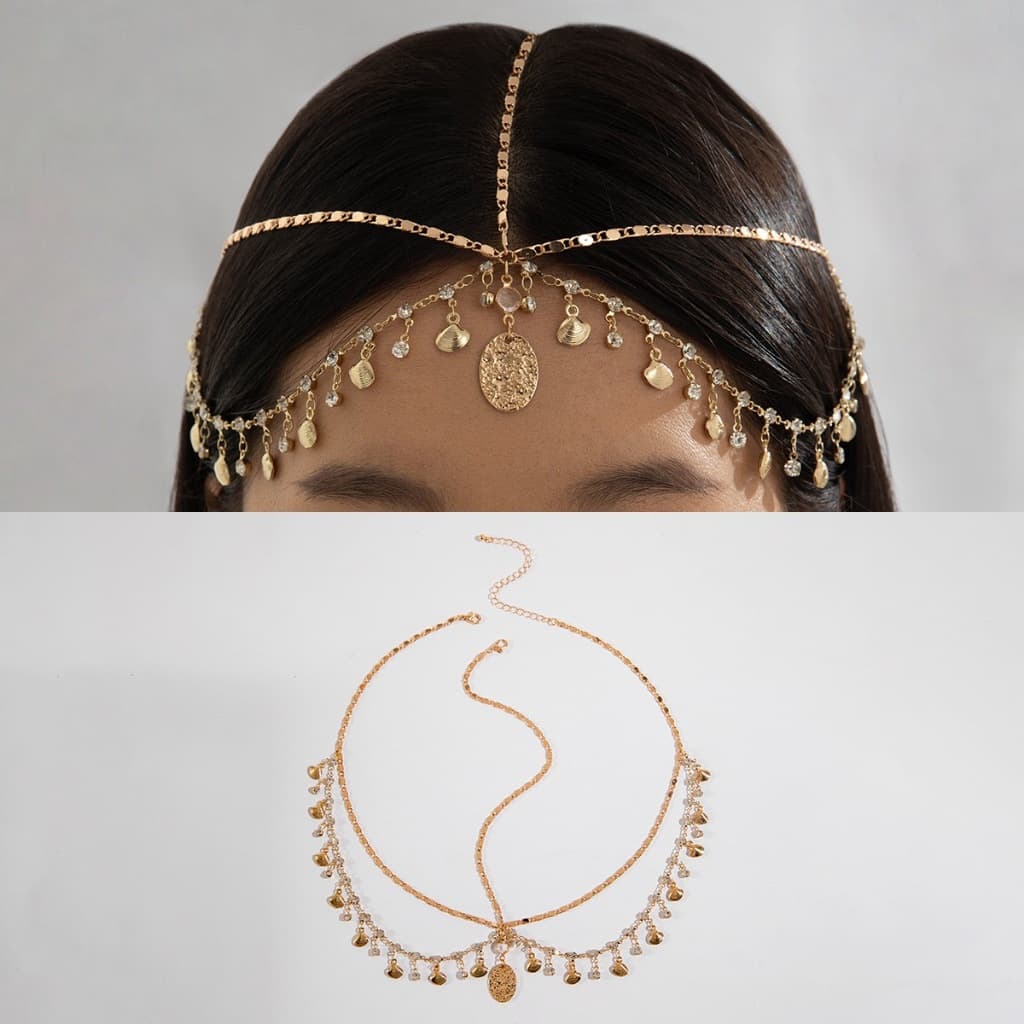 Tiara Indiana Boho Feminina Dourada/Prata – Head Chain com Pingentes, Acessório de Cabelo Festa Carnaval