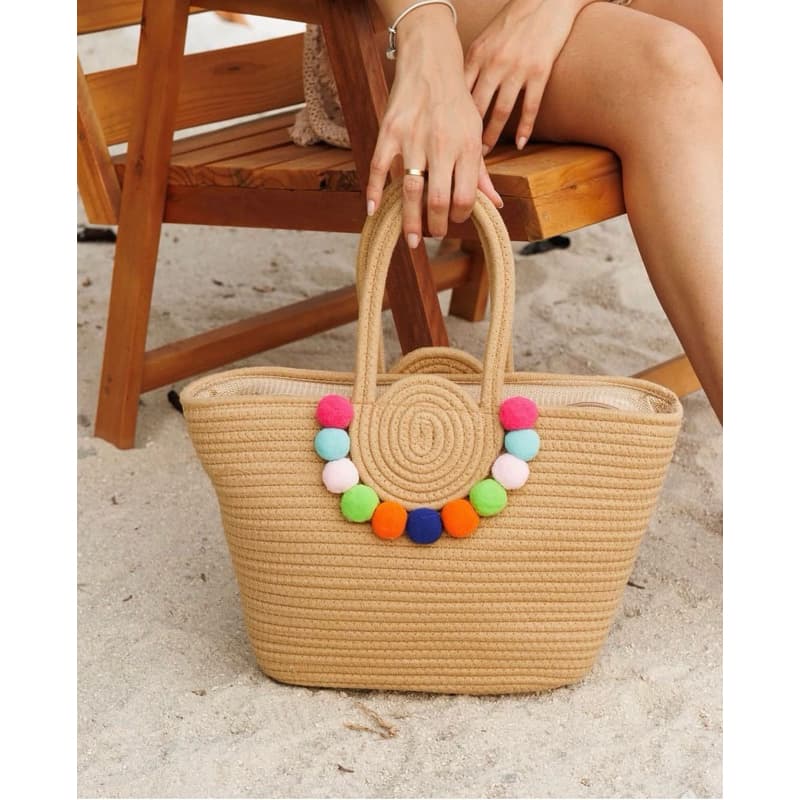 Bolsa de mão de praia com bolinhas coloridas pompom trançada com zíper