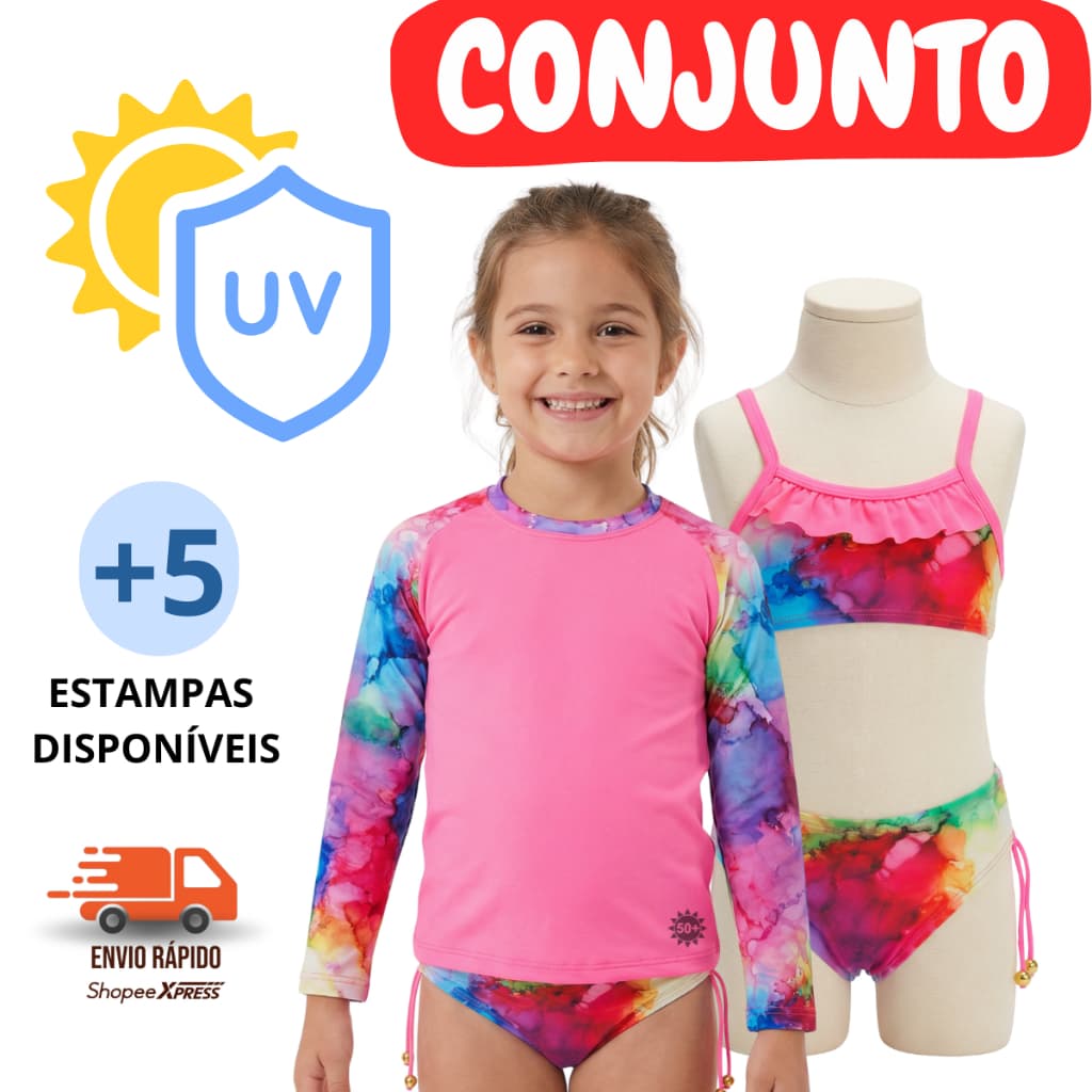 Conjunto 3 Peças Camisa + biquíni Moda Praia/piscina infantil/juvenil 2 ao 16 Anos Confortável