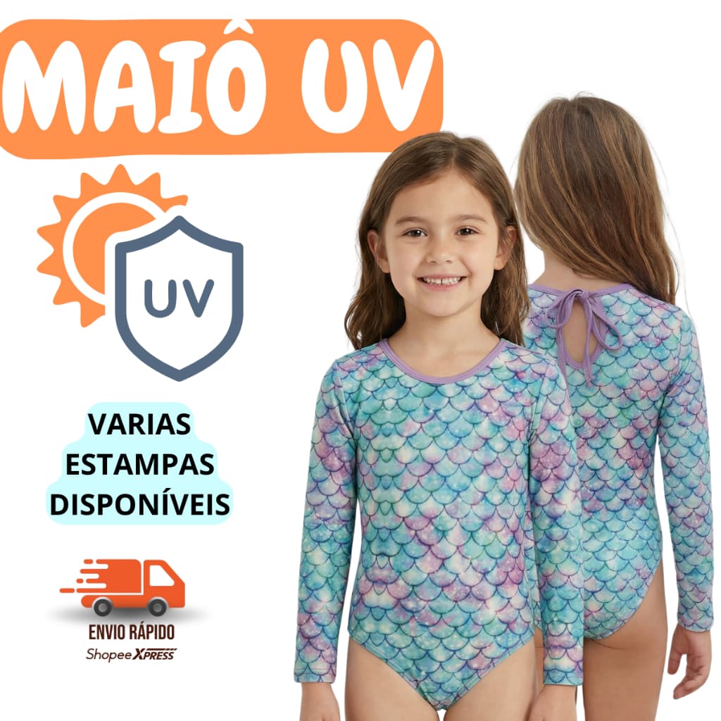 Maiô Body Infantil/Juvenil Manga Longa com proteção UV