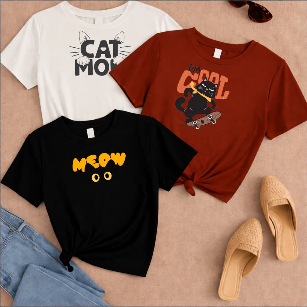 KIT 3 Camiseta Estampadas Menina Camisa Básica Do 4 ao 14 anos Algodão Cat
