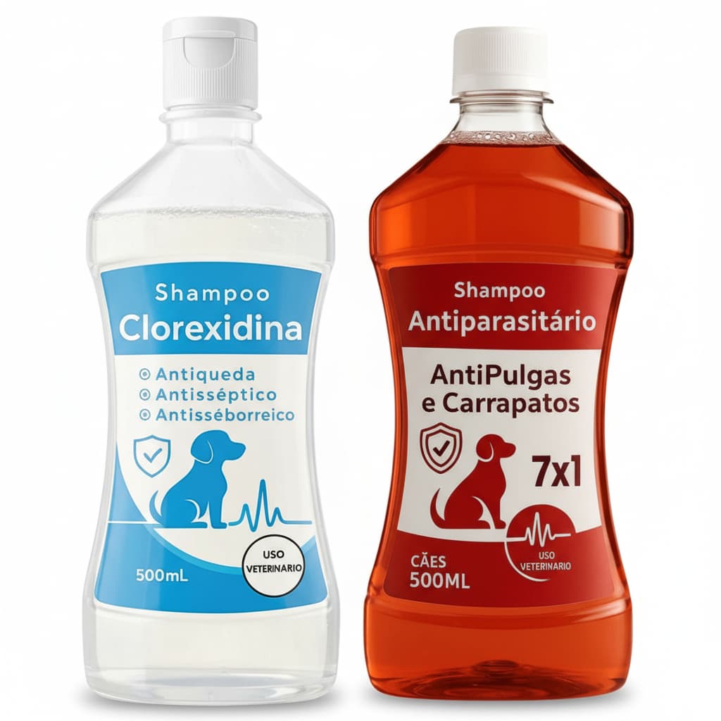 Kit Shampoo e Condicionador PetClean 1 Antiparasitário 7 em e 1 Clorexidina 5 em 1