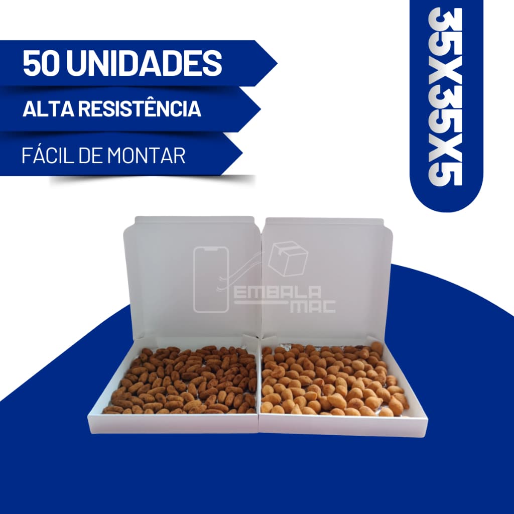 50 Caixas De Papelão 35x35x5 Branco Para Doces Salgados Calzone Esfihas Donuts Pizza Envios