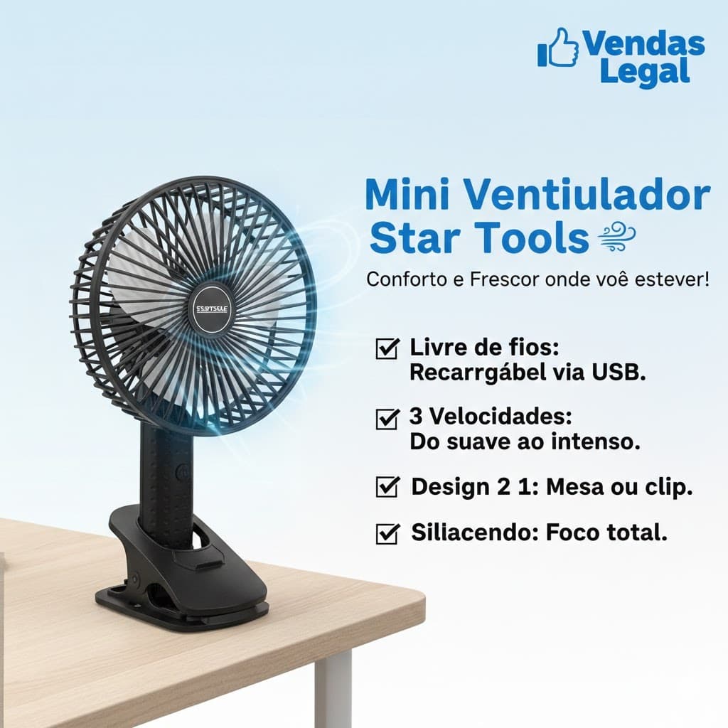 Mini Ventilador Compacto Usb Recarregavel Portatil Silencioso Preto Mesa