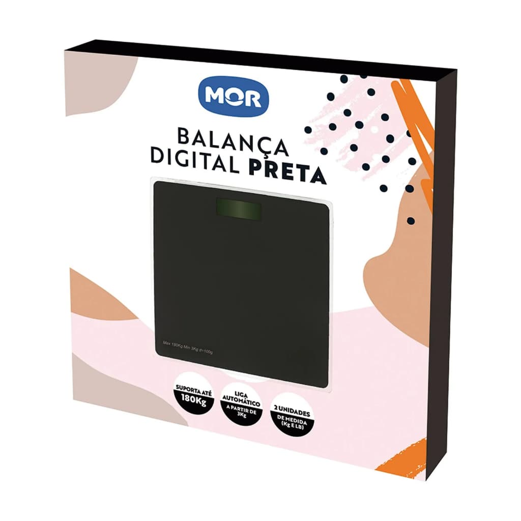 Balança Digital Mor - Capacidade até 180kg - Vidro Temperado Preto com Display LED - Controle de Peso Corporal