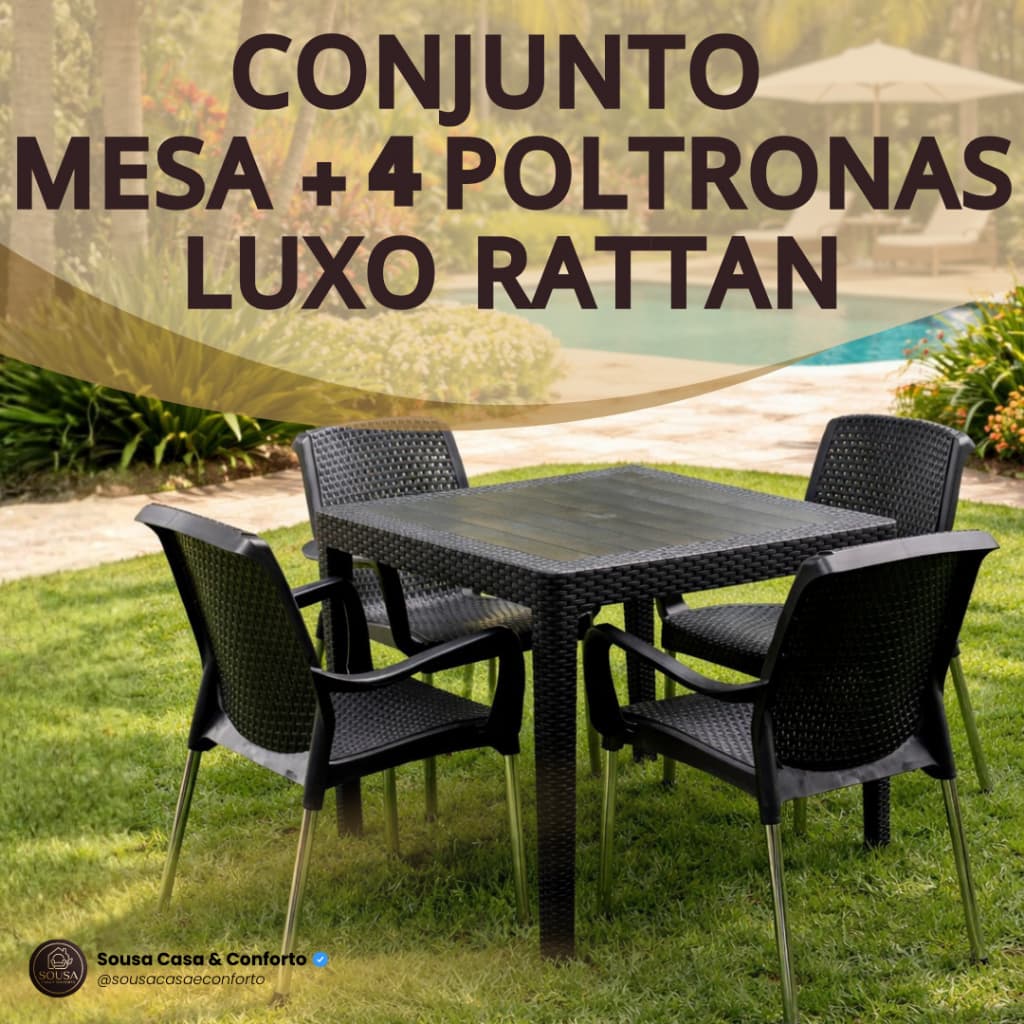 Conjunto Mesa com 4 Poltronas Rattan Luxo com Braço Reforçadas UV Empilhável Área Lazer Ambiente