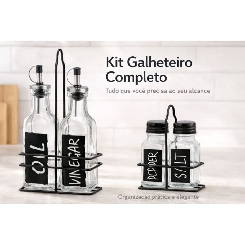 Galheteiro de Vidro Vinagreiro e Azeiteiro C/ Suporte Aço e Dosador Saleiro e Pimenteiro