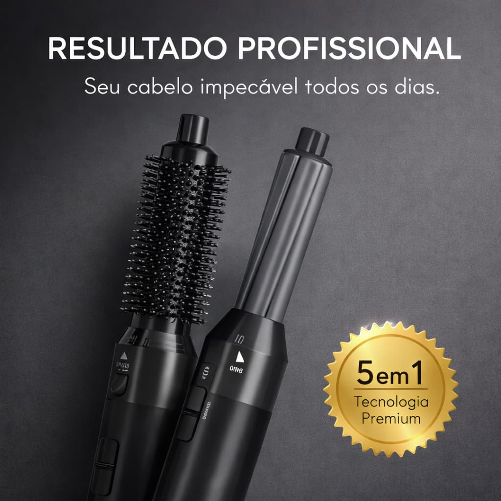 Escova Secadora 5 em 1 Premium 110V Cinza e Preto Seca Alisa Modela e Penteia