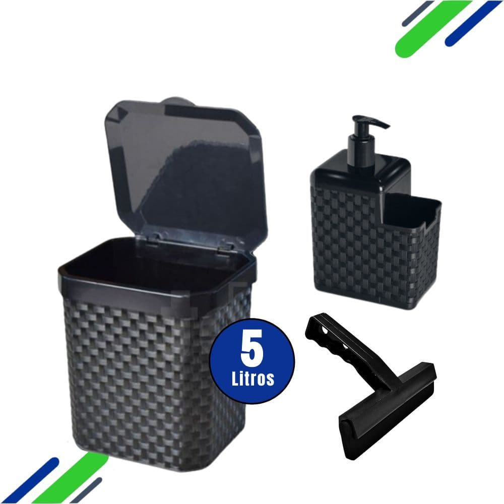 Kit Lixeira Pia 5 Litros + Porta Detergente Sabão + Rodinho de Pia Kit Cozinha 3 Peças/ Kit  Porta Detergente + Rodinho
