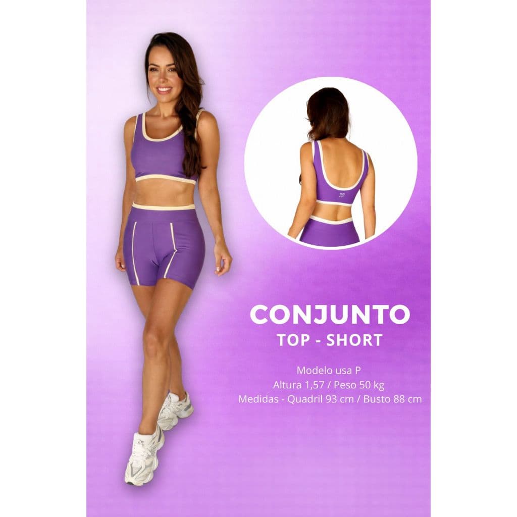 Conjunto Top  e Shorts lilás com cor contrastante