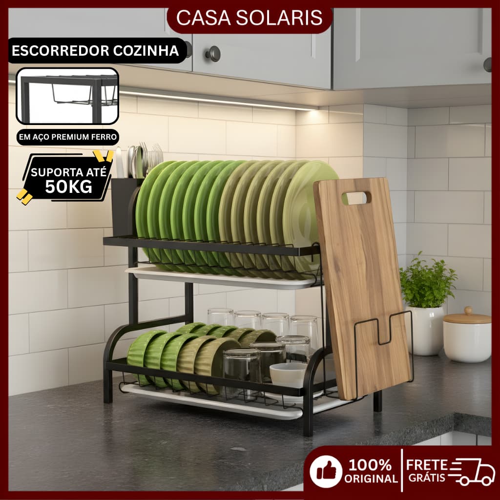 Escorredor de Pratos e Talheres Inox Duplo Organizador para Pia Bancada Cozinha Resistente