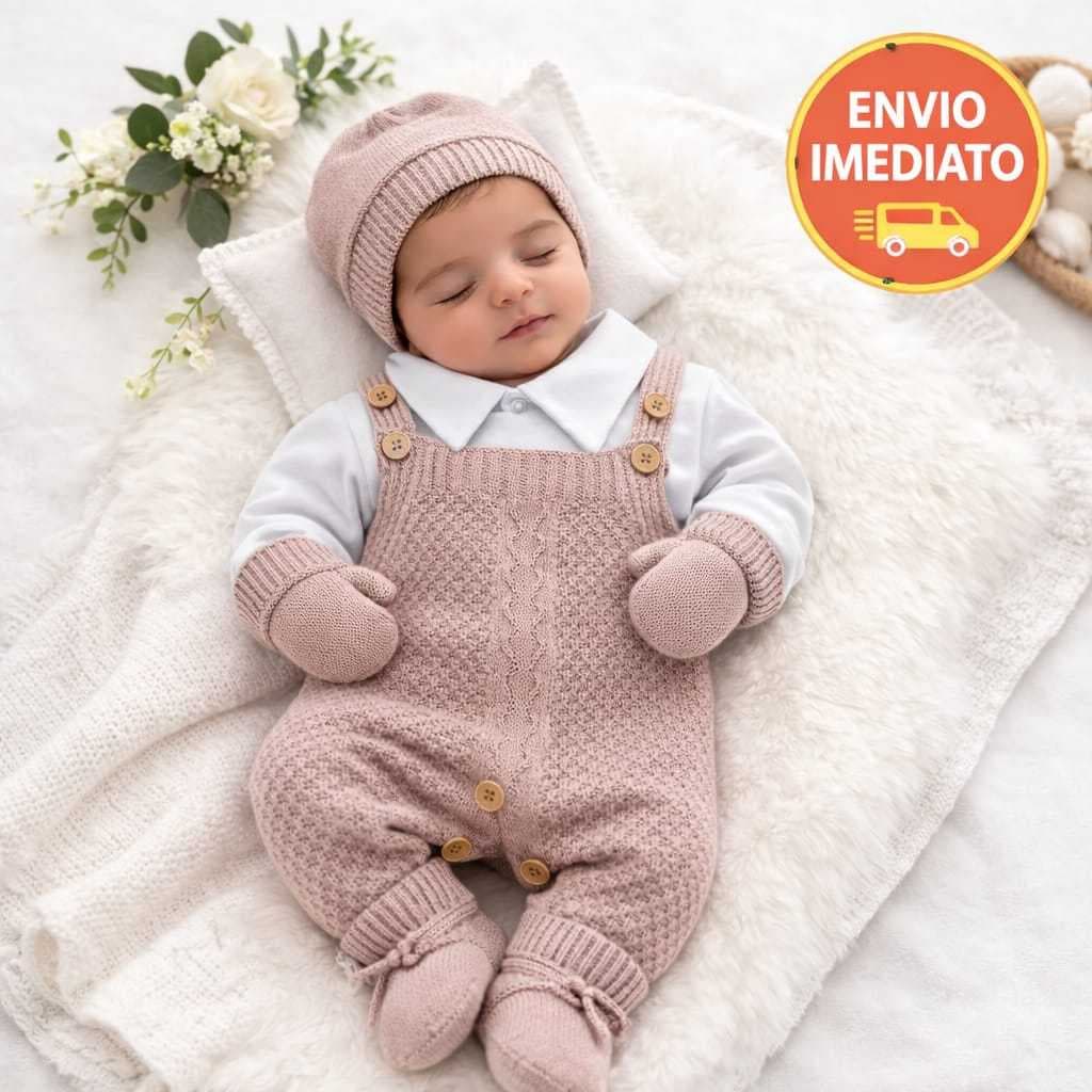 Saída de Maternidade Rosa Tricô Completa RN com Manta, Touca e Luvas – Enxoval Luxo Bebê