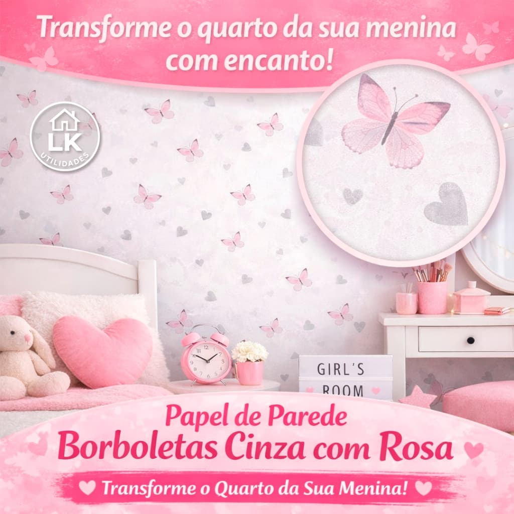 Papel de Parede Borboletas Cinza e Rosa | Decoração para Quarto Infantil e Teen