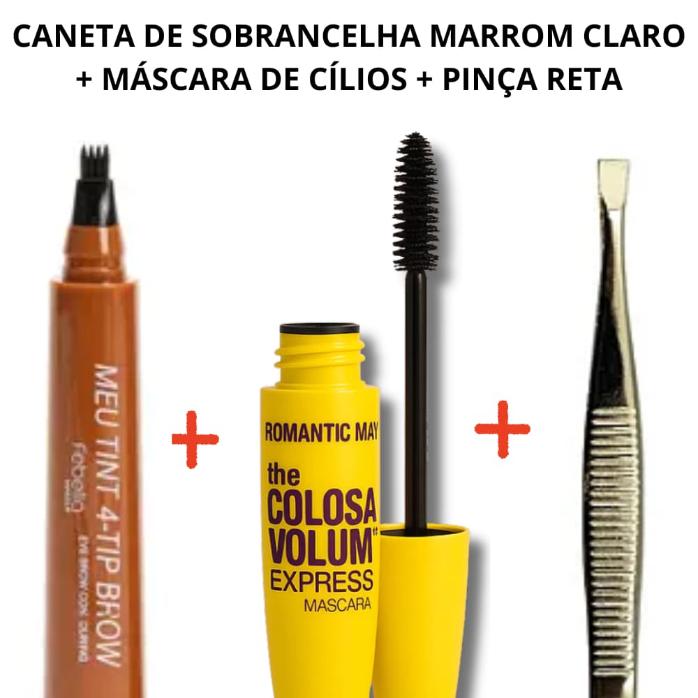 Kit Caneta de Sobrancelha Marrom Claro Fio a Fio Mascara de Cilios Rimel The Colossal e Pinça Reta