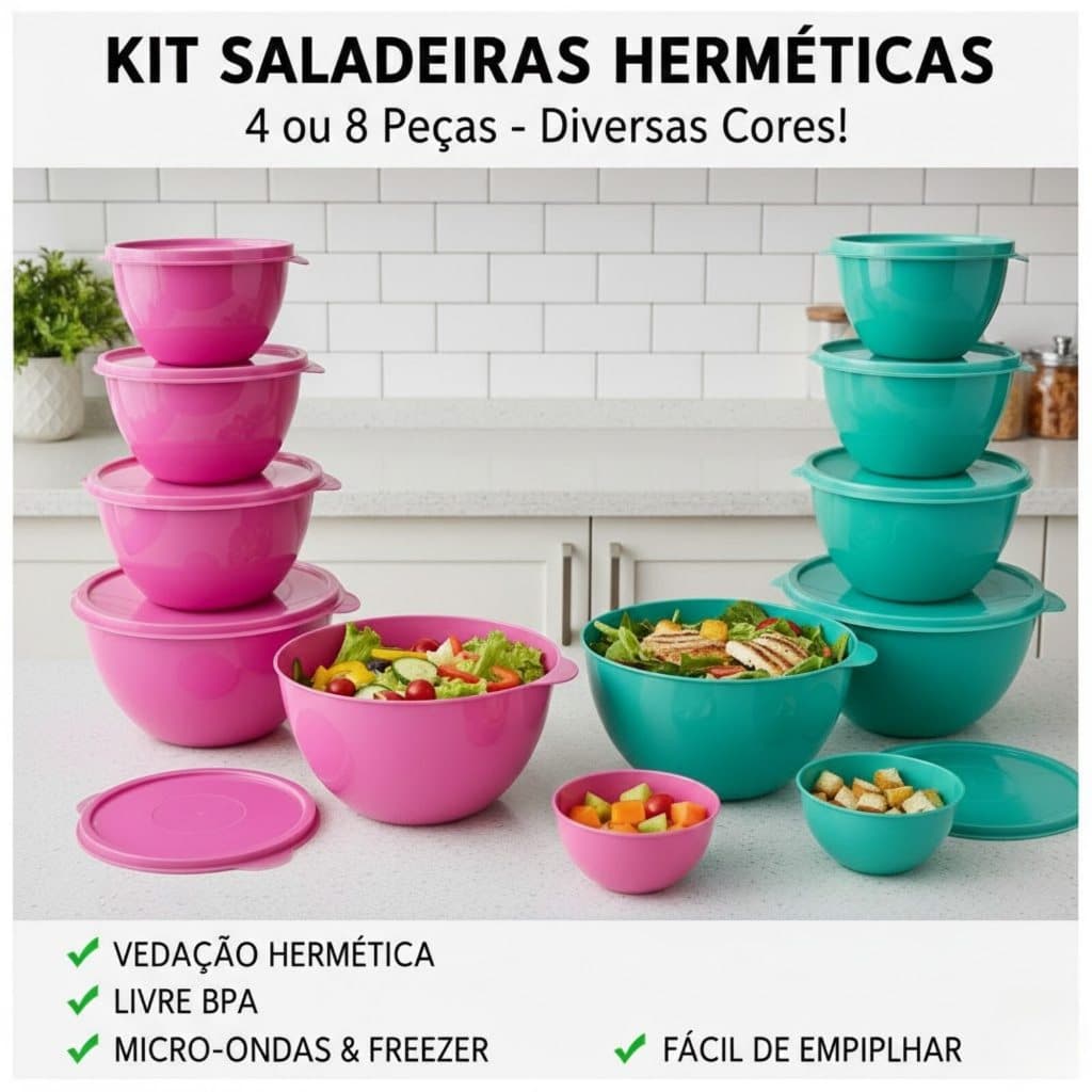 Saladeira Pote Hermético Conjunto Kit 4 ou 8 Peças Bowl PlásticoColorido Freezer e Geladeira