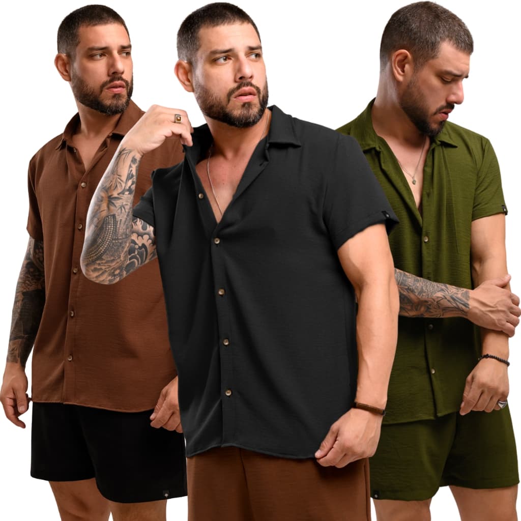Kit 3 Camisa Masculina Manga Curta Conjunto Várias Combinações Viscose Duna Praia Verão Social