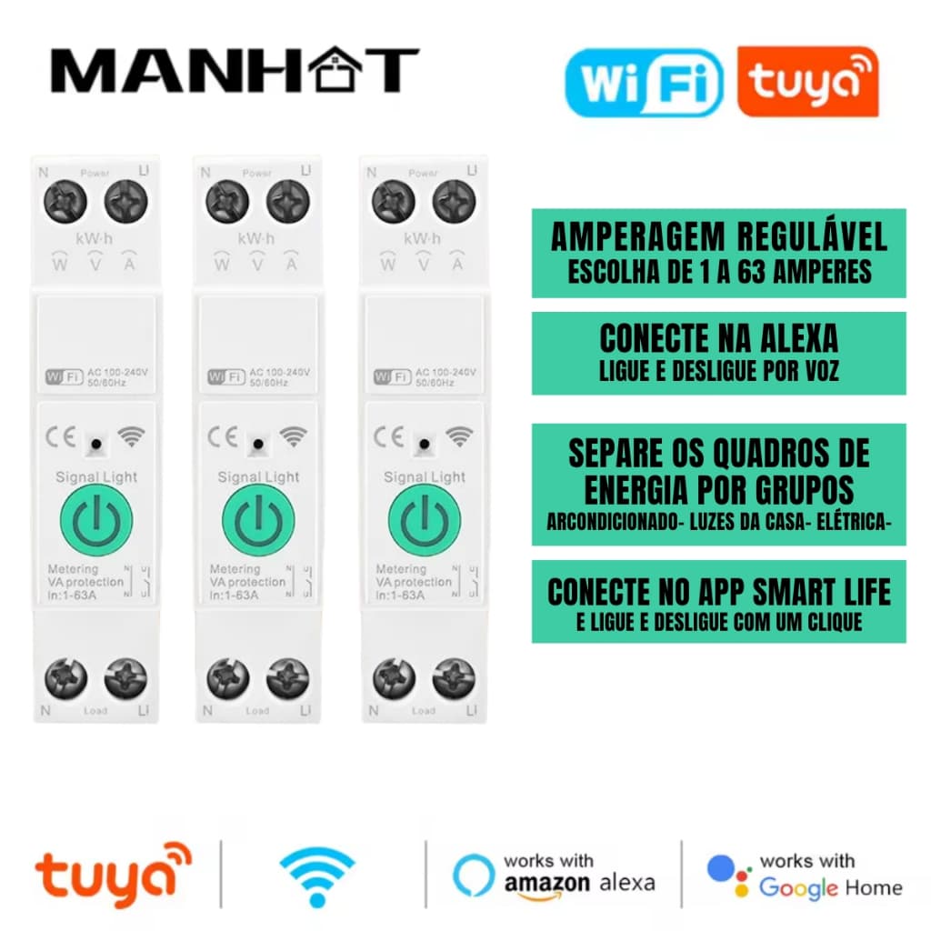 Tuya 1-63A WiFi Interruptor Inteligente Disjuntor Corrente Ajustável SmartLife Alexa Google Tuya Automação Controle App