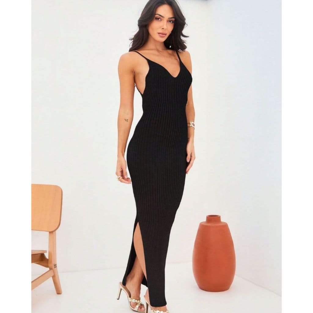 Vestido de Tricot Longo Com Fenda Lateral de Modal com Alça e Decote V Frente Única Verão